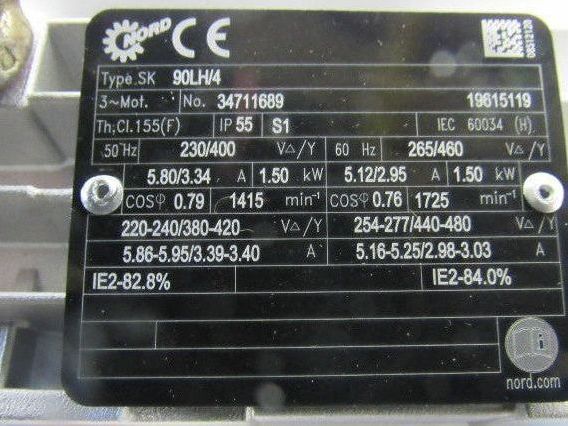 Nord SK 92772.1V-90LH/4 21.14:1 Ratio 81.5RPM 265/460V 50/60Hz LH Gear Motor