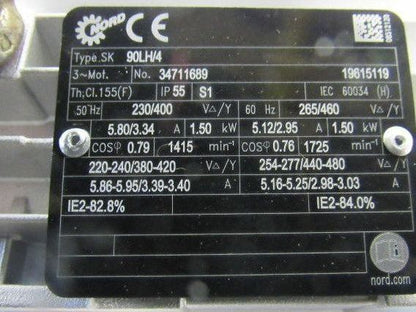 Nord SK 92772.1V-90LH/4 21.14:1 Ratio 81.5RPM 265/460V 50/60Hz LH Gear Motor