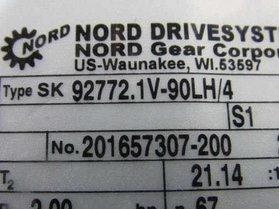 Nord SK 92772.1V-90LH/4 21.14:1 Ratio 81.5RPM 265/460V 50/60Hz LH Gear Motor