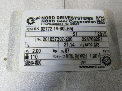 Nord SK 92772.1V-90LH/4 21.14:1 Ratio 81.5RPM 265/460V 50/60Hz LH Gear Motor