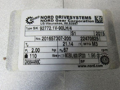 Nord SK 92772.1V-90LH/4 21.14:1 Ratio 81.5RPM 265/460V 50/60Hz LH Gear Motor