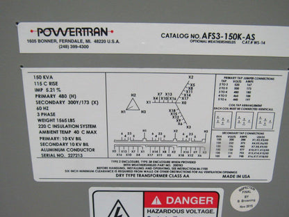 Powertran AFS3-150K-AS Dry Type Transformer 150KVA 480V Pri 300Y/173V Sec