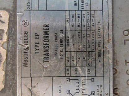 Westinghouse T-6E196 Type EP 3KVA Transformer 240/480V Prim 120/240V Sec