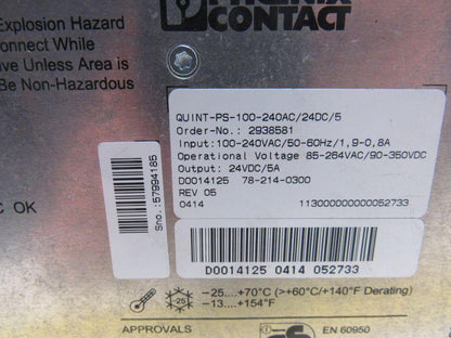 Phoenix Contact Quint-PS-100-240AC-24DC/5 2938581 Power Supply 24VDC/5A