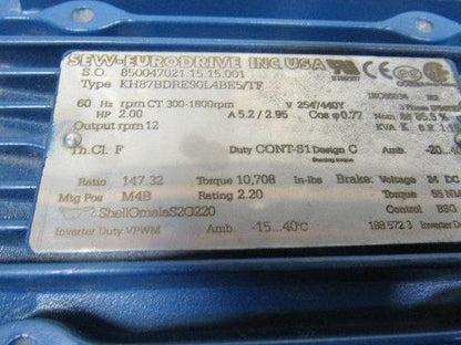 Sew Type  KH87BDRE90L4BE5/TF 2HP 147.32RPM  Electric Gear Motor 277/480V 3Ph