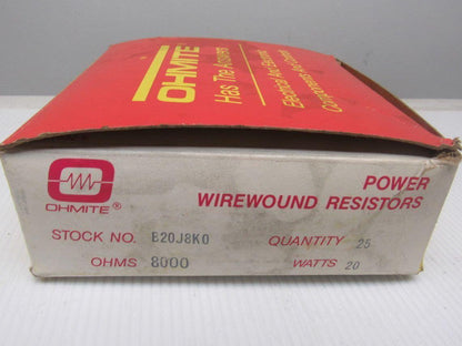 Ohmite B20J8K0 8K Ohm 20 Watt, Wirewound Ceramic Power Resistor 20W Lot of 25