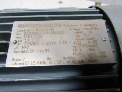 SEW-EURODRIVE KA37 DT90S4/TF Gear Motor 1.1KW 1740/70RPM330/575V 3PH