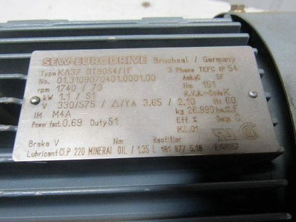 SEW-EURODRIVE KA37 DT90S4/TF Gear Motor 1.1KW 1740/70RPM330/575V 3PH