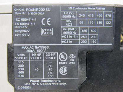 Eaton Cutler Hammer E101E20R3A FVNR E-Frame 200A Starter 63-200A 24VDC Control