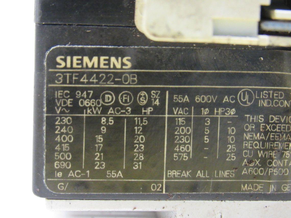 Siemens 3TF4422-OB 600V 31Hp MAX Magnetic Contactor 24VDC Coil Lot Of 3