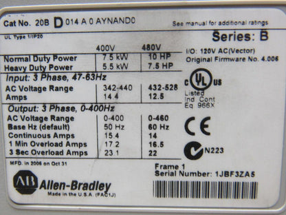 Allen Bradley 20BD0140AYNAND0 SerB PowerFlex 700 10Hp Motor Drive