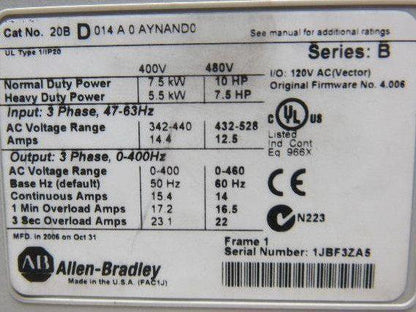 Allen Bradley 20BD0140AYNAND0 SerB PowerFlex 700 10Hp Motor Drive