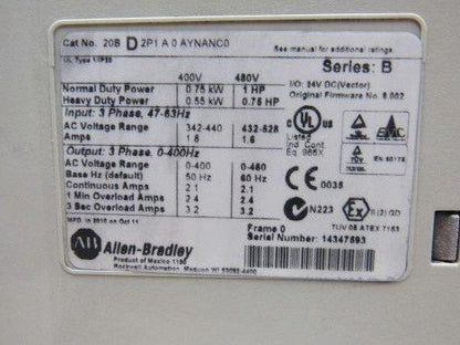Allen Bradley 20BD2P1A0AYNANC0 Ser B PowerFlex 700 1Hp Motor Drive VFD
