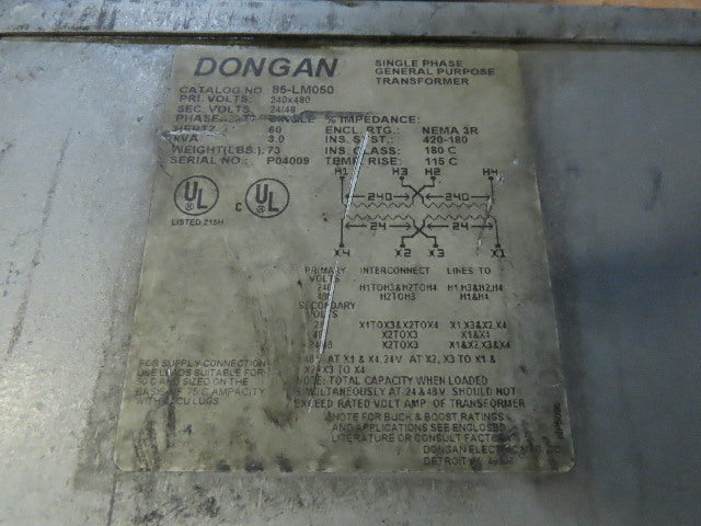 Dongan 85-LM050 3KVA General Purpose Transformer 240-480HV 24/45HV Single Phase