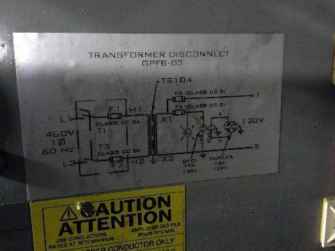 Daykin GPFB-03 Enclosed Transformer Disconnect 1500VA 480V Pri 120V Sec 1PH