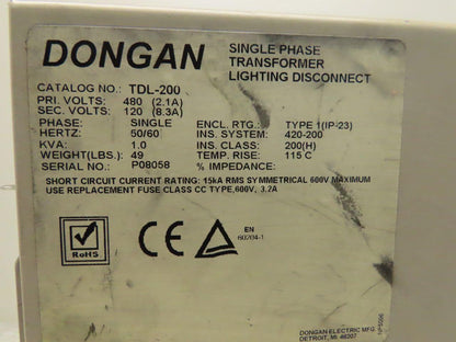 Dongan TDL-200 Enclosed Transformer Disconnect 1KVA 480V Pri 120V Sec 1PH
