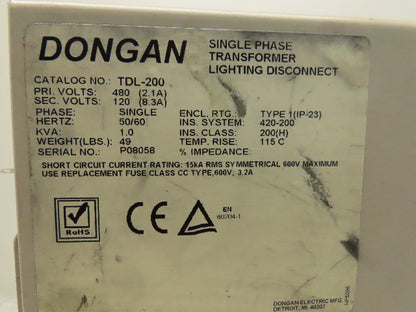 Dongan TDL-200 Enclosed Transformer Disconnect 1KVA 480V Pri 120V Sec 1PH