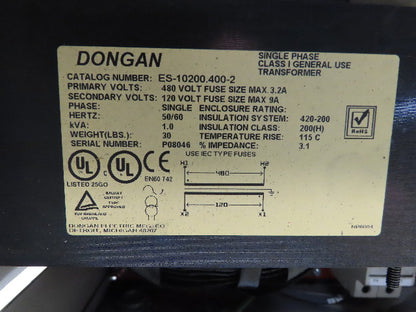 Dongan TDL-200 Enclosed Transformer Disconnect 1KVA 480V Pri 120V Sec 1PH