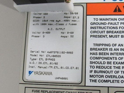 Yaskawa E7LVB052G VFD Drive Bypass Assembly 51KVA 380-480V In 0-480V Out 50/60HZ
