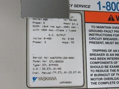 Yaskawa E7LVB052G VFD Drive Bypass Assembly 51KVA 380-480V In 0-480V Out 50/60HZ