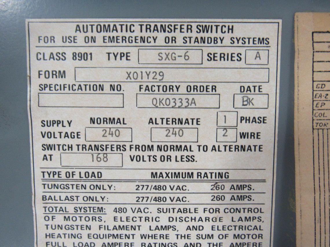 Square D 8901 SXG-6 Ser A Isolation Transfer Switch 2 Pole 240V 1 Ph 200A