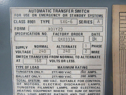 Square D 8901 SXG-6 Ser A Isolation Transfer Switch 2 Pole 240V 1 Ph 200A