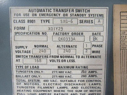 Square D 8901 SXG-6 Ser A Isolation Transfer Switch 2 Pole 240V 1 Ph 200A