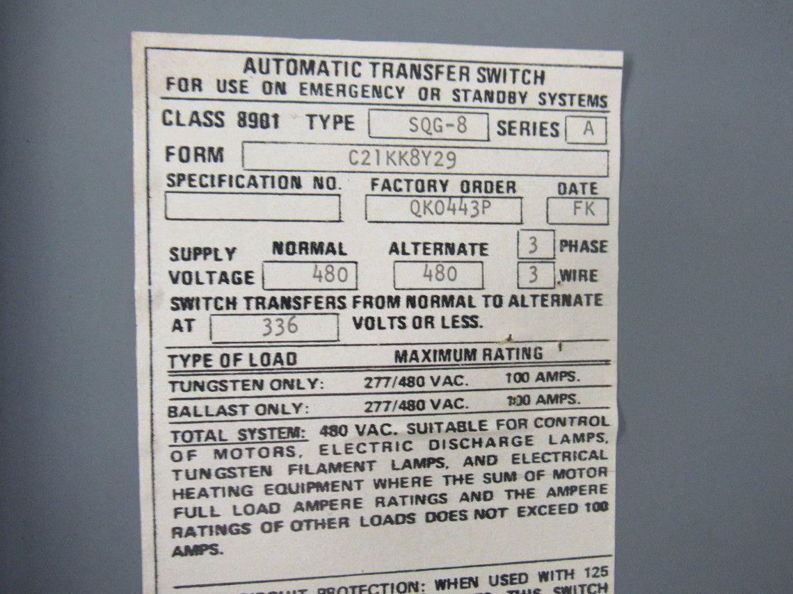 Square D 8901 SQC-8 Ser A 480V 3 Pole 100A Transfer Switch