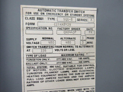 Square D 8901 SQC-8 Ser A 480V 3 Pole 100A Transfer Switch