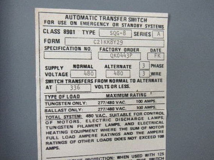 Square D 8901 SQC-8 Ser A 480V 3 Pole 100A Transfer Switch