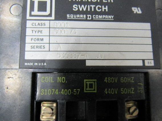 Square D 8901 SQC-8 Ser A 480V 3 Pole 100A Transfer Switch