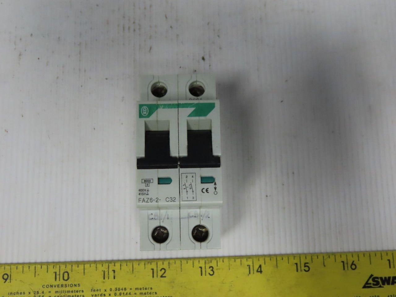 Moeller FAZ6-2-C32 32AMP 2 Pole Circuit Breaker DIN Rail Mount
