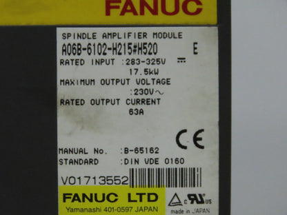 Fanuc A06B-6102-H215#H520 Spindle Amplifier Module Drive  283-325V