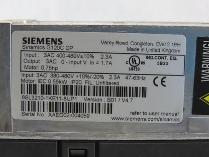 Siemens 6SL3210-1KE11-8UP1 Sinamics G120C DP 0.75HP 400-480VAC 2.3A