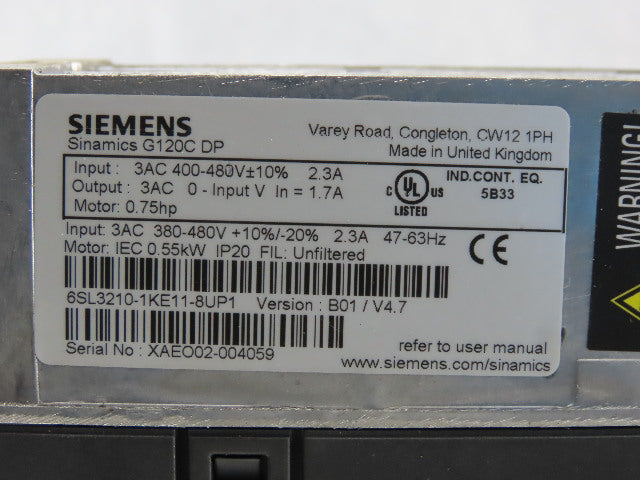 Siemens 6SL3210-1KE11-8UP1 Sinamics G120C DP 0.75HP 400-480VAC 2.3A