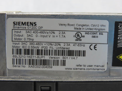 Siemens 6SL3210-1KE11-8UP1 Sinamics G120C DP 0.75HP 400-480VAC 2.3A