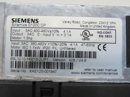 Siemens 6SL3210-1KE13-2UP1 Sinamics G120C DP 1.5HP 380-480V 4.1A