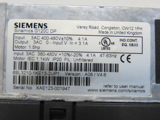 Siemens 6SL3210-1KE13-2UP1 Sinamics G120C DP 1.5HP 380-480V 4.1A