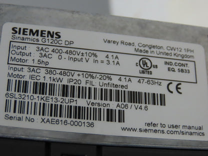 Siemens 6SL3210-1KE13-2UP1 Sinamics G120C DP 1.5HP 380-480V 4.1A