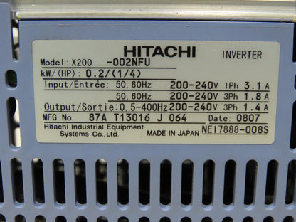 Hitachi X200-002NFU Inverter 0.2(1/4)HP  200-240V 3Phase 3.1A
