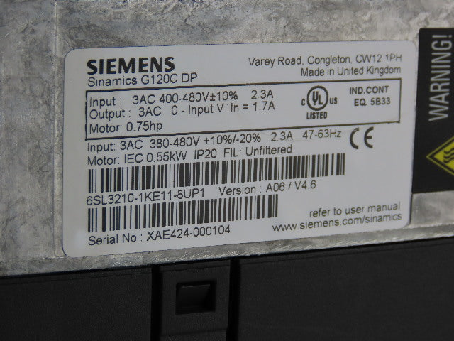 Siemens 6SL3210-1KE11-8UP1 Sinamics G120C DP 0.75HP 400-480VAC 2.3A