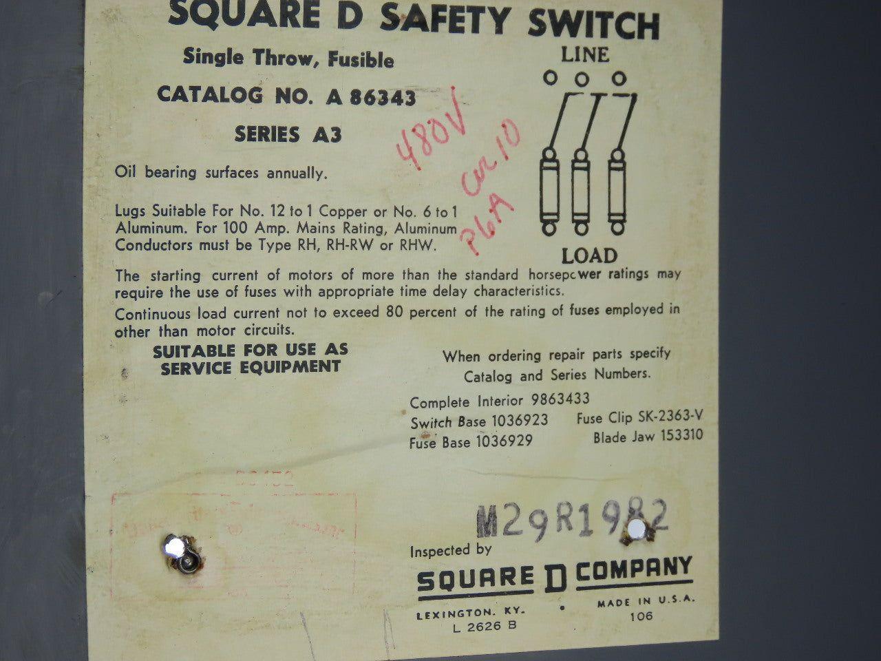 Square D A86343 100A 600V Single Throw Fusible Disconnect Safety Switch