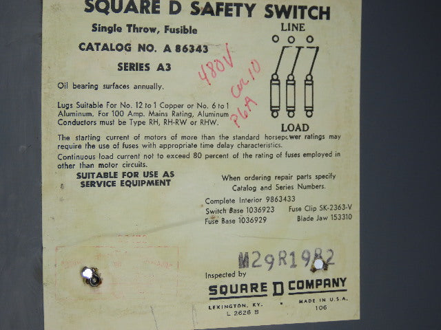 Square D A86343 100A 600V Single Throw Fusible Disconnect Safety Switch