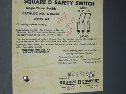 Square D A86343 100A 600V Single Throw Fusible Disconnect Safety Switch