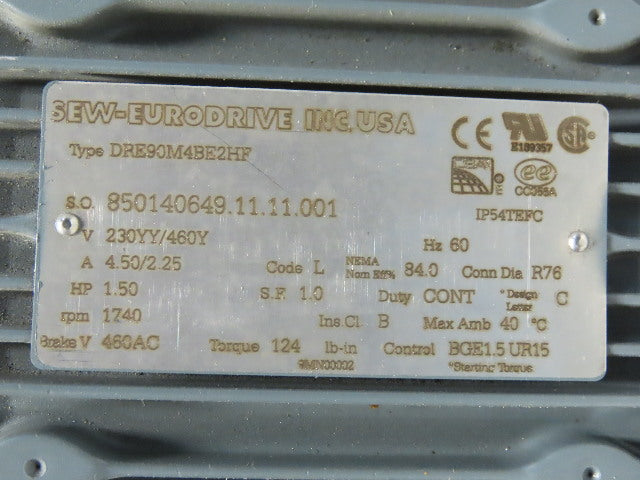 Sew DRE90M4BE2HF 29:1 Ratio 60RPM 1.5Hp 230/460V 3Ph Right Hand Gearmotor