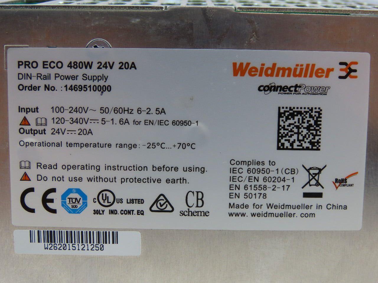 Weidmuller PRO ECO Power Supply 480W24V 20A DIN Rail Mount
