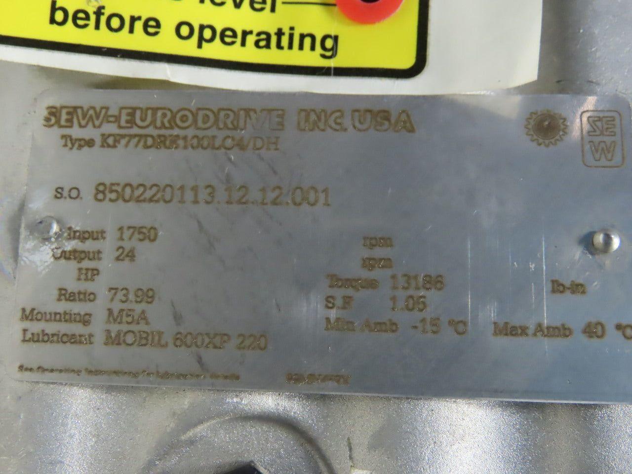 Sew KF77DRE100LC4/DH 73.99:1 Ratio 24RPM 5Hp 230/460V Left Hand Gearmotor