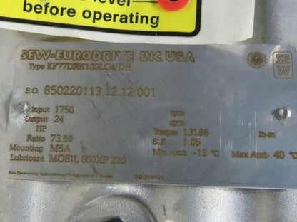 Sew KF77DRE100LC4/DH 73.99:1 Ratio 24RPM 5Hp 230/460V Left Hand Gearmotor