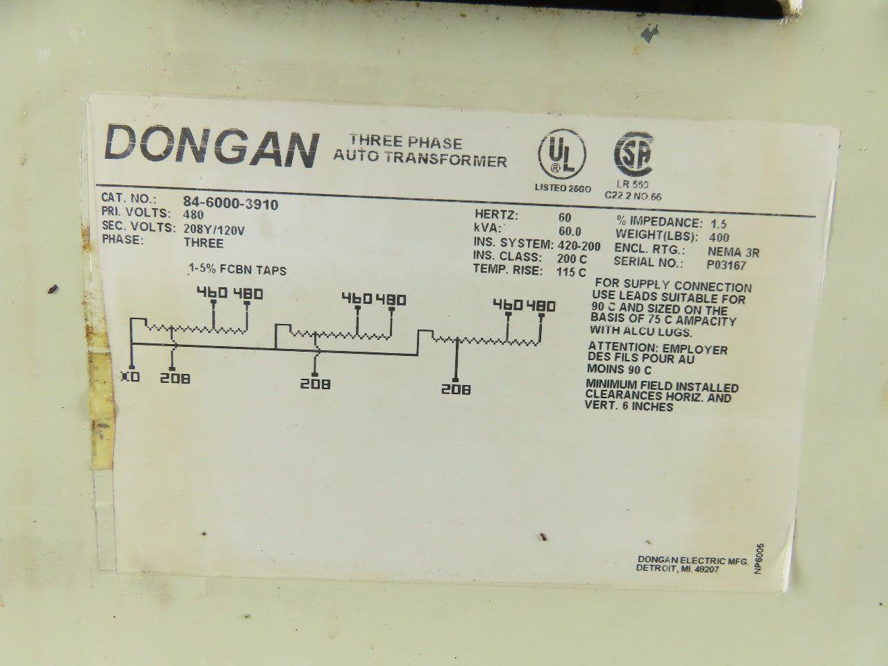 Dongan 84-6000-3910 60.0 KVA 3-Phase Auto Transformer 480HV 208Y/120LV