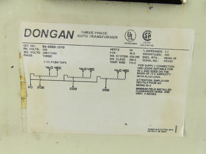 Dongan 84-6000-3910 60.0 KVA 3-Phase Auto Transformer 480HV 208Y/120LV